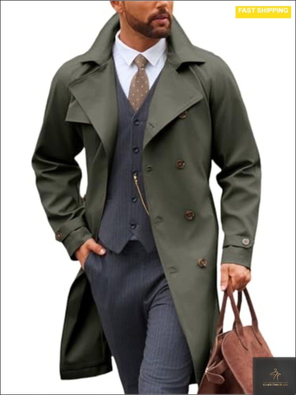 Men's Double Breasted Trench Coat Windbreaker Long Overcoat Polyester